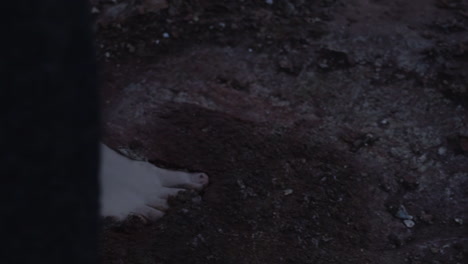 Close-up-of-woman's-feet-walking-on-wet-volcanic-terrain-in-Iceland,-leaving-footprints
