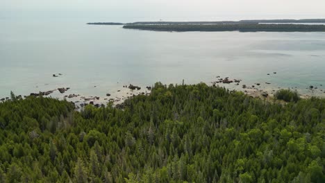 Aerial-view-ascent-of-wilderness-forested-coastline-on-Lake-Huron,-Michigan