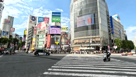 Tourists-On-Street-Go-Karts-Zipping-Through-The-Famous-Shibuya-Crossing-Intersection-In-Tokyo,-Japan
