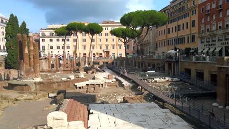 Largo-di-Torre-Argentina,-a-large-open-space-in-Rome,-Italy,-with-four-Roman-Republican-temples-and-the-remains-of-Pompey's-Theatre