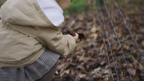 Toddler-girl-playing-with-fallen-leafs-in-autumn-forest,-throwing-the-leafs-through-the-fence