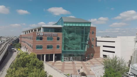 An-aerial-establishing-shot-of-the-Marilyn-Davies-College-of-Business,-Shea-Street-Building,-a-132,500-square-foot,-four-level-academic-building-located-in-downtown-Houston-Texas