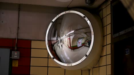 Looking-through-the-mirror-underground,-London,-United-Kingdom