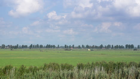 Typical-Dutch-polder-landscape-below-sea-level,-tracking-shot-from-a-passing-boat