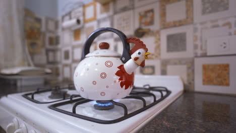 Boiling-water-on-a-chicken-shaped-kettle-over-a-stovetop,-a-charming-culinary-process-to-heat-water-for-various-purposes