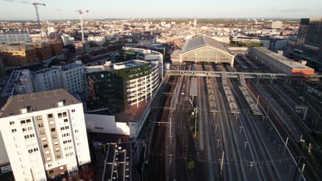 Lille-Europe-Train-Station-in-Lille,-France,-drone-shot
