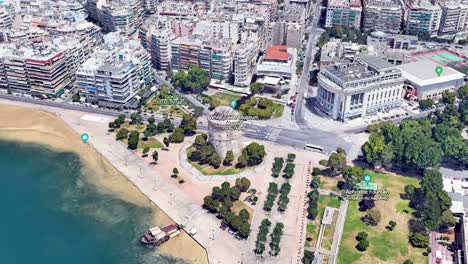 White-Tower-Thessaloniki,-Griechenland,-Blick-Auf-Die-Innenstadt,-Grafik-Animationsvideo,-Google-Earth-Anwendung