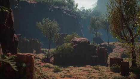 lost-ancient-ruins-inside-a-jungle-rocky-environment-with-trees-and-bushes,-3D-animation,-animated-scene,-camera-zoom-in