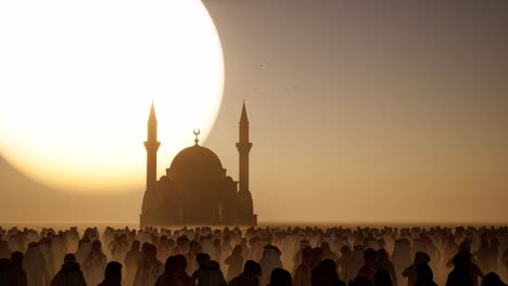 Eine-Moschee-In-Einer-Wüste,-Trockene-Umgebung,-Mit-Einer-Menschenmenge-In-Orientalischer-Kleidung,-Die-Untätig-Bei-Sonnenuntergang-Mit-Dunklen-Schatten-Steht,-3D-Animation,-3D-Szene,-Dystopisches-Thema,-Kamerawagen-Rechts