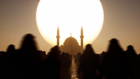 a-mosque-on-a-desert,-arid-environment,-with-a-middle-eastern-dressed-crowd-standing-idle-on-sunset-with-dark-shadows,-3D-animation,-3D-scene,-dystopian-theme,-camera-dolly-left