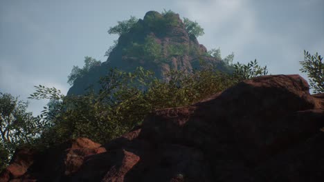 a-jungle-rocky-environment-with-trees-and-bushes,-3D-animation,-animated-scene,-camera-dolly-up