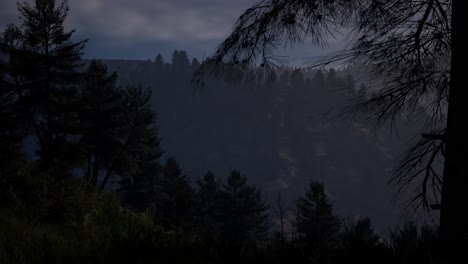 a-dark-pine-forest-with-mist-and-mountain-range-at-the-background,-3D-animation,-animated-scene,-camera-zoom-in