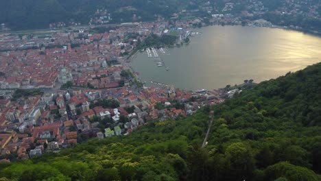 Aerial-drone-video-of-Lake-Como-and-Como-at-sunset