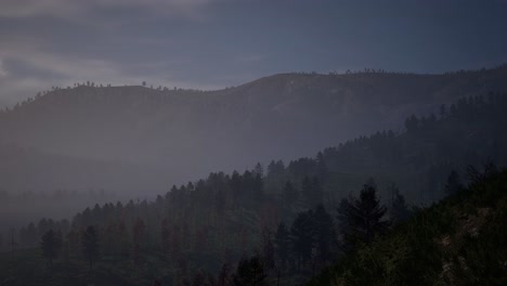 a-dark-pine-forest-with-mist-and-mountain-range-at-the-background,-3D-animation,-animated-scene,-camera-zoom-in-slowly