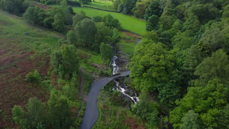 Aerial-drone-video-of-a-stream-passing-under-Ashness-Bridge-in-the-Lake-District-England