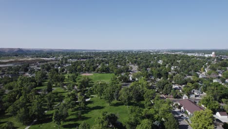 Green-Parks-during-Summer-in-Beautiful-Billings,-Montana---Aerial-with-Blue-Sky-Copy-Space