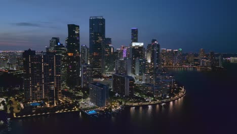 Aerial-view-of-Brickell-skyscrapers,-Miami-financial-district-skyline-at-dusk