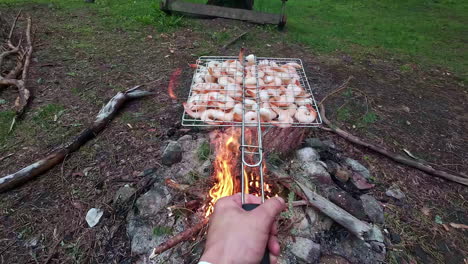 25-fps-POV-of-a-man-grilling-shrimps-on-a-fire-while-camping