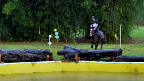 Horse-and-rider-easily-jump-over-a-tree-trunk-in-a-water-pool-during-a-rain-shower