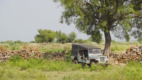 An-old-abandoned-Mahindra-Jeep-car-parked-near-a-farm-in-India