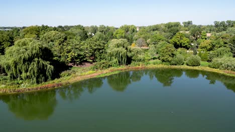 High-resolution-4K-beautiful-drone-aerial-panoramic-Video-of-the-famous-Chicago-Botanical-Gardens-during-a-sunny-beautiful-day--USA