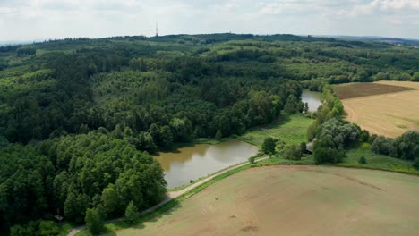 Aerial-drone-shot-of-a-lake-by-the-forest-and-field-during-summer