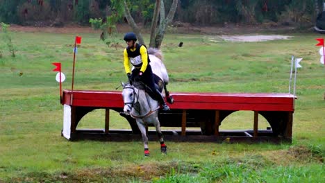 A-rider-with-his-white-gray-horse-easily-overcomes-a-high-obstacle-in-the-heavy-rain