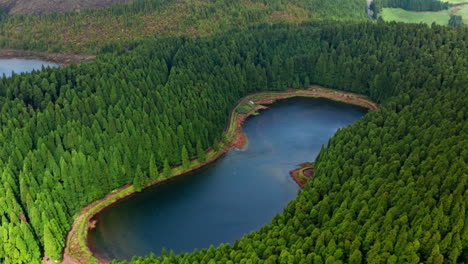 Cinematic-aerial-drone-shot-of-volcanic-lake-in-the-Azores-Islands---Portugal