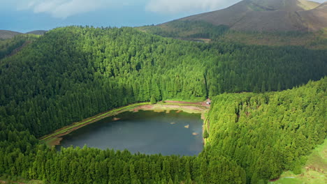 Cinematic-aerial-drone-shot-of-volcanic-lake-in-the-Azores-Islands---Portugal