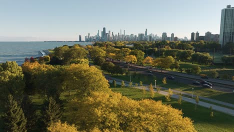 Chicago-lakefront-trail-aerial-view-with-fall-foliage