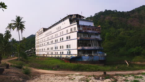 Abandoned-ghost-ship-of-Koh-Chang-in-marshy-overgrown-beach-lagoon