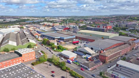 Panorama-Luftaufnahme-Des-Städtischen-Industrieviertels-Von-Rotherham,-England