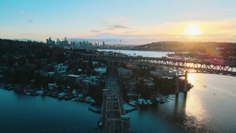 Slow-establishing-shot-of-Lake-Union-and-bridges-overlooking-downtown-Seattle