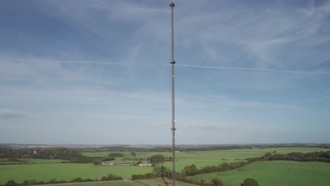 Establishing-Shot,-Aerial-View-of-Telecommunication-Antenna-GSM,-5G-Mobile-Mast-in-Denmark---Panning-Shot