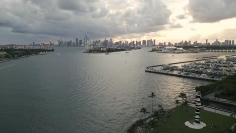 aerial-of-Miami-south-beach-skyline-at-sunset-with-cityscape-of-downtown