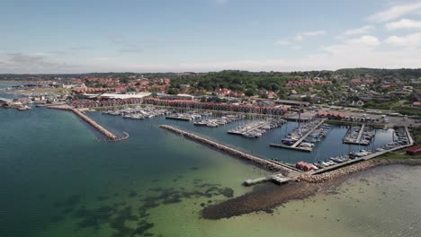 Aerial-Establishing-Shot-of-Idyllic-Marina-and-Town-in-Denmark