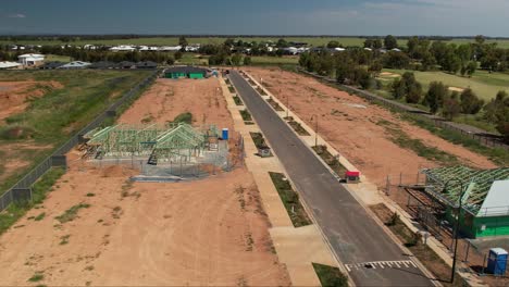 Yarrawonga,-Victoria,-Australia---20-October-2023:-Aerial-view-of-two-new-house-frames-on-the-latest-stage-at-Silverwoods-Estate-Yarrawonga,-Victoria,-Australia
