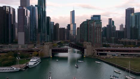 Chicago-river-bridge-lift-aerial-view-with-Lake-Shore-drive-bridge