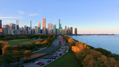 Chicago-duSable-Lake-shore-drive-with-fall-foliage-aerial-view
