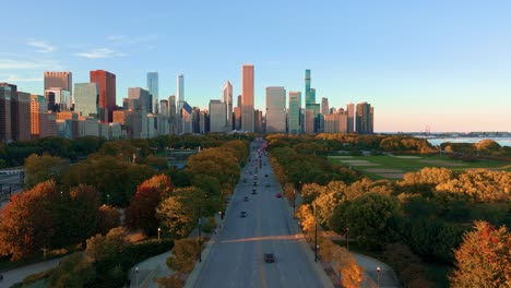 Chicago-aerial-view-of-Millennium-Park-and-city-skyline-during-autumn