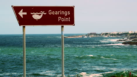 Brown-tourism-sign-with-whale-image-shows-direction-to-Gearings-Point,-Hermanus