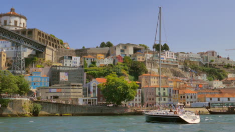 View-of-the-banks-of-the-Douro-River-from-Vila-Nova-Gaia-in-Porto,-Portugal