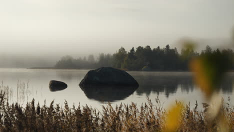 Dolly-shot-of-misty-autumn-morning-with-half-submerged-rocks-on-a-Lake,-leaves-in-foreground