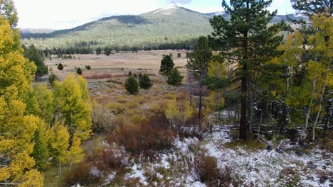 Panoramic-view-of-Tahoe-landscape-during-fall,-snowy-peak-mountain,-pines-and-a-ot-of-forestation-along-the-majestic-plain