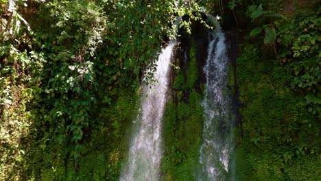 25-fps-Aufnahme-Zweier-Nebeneinander-Liegender-Wasserfälle,-Die-Zwischen-Dichter-Natürlicher-Vegetation-Fließen