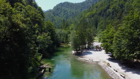 Idrijska-Bela,-amazing-river-and-natural-scenery-of-Slovenia,-birds-eye-of-view