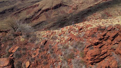 Drone-shot-of-lonely-hiker-on-red-desert-mountains-in-Australian-Nationalpark-in-summer---slow-motion