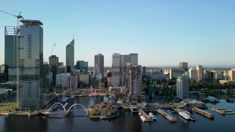 Aerial-of-Perth-Elisabeth-Quay-Bay-of-River-Swan-at-Daylight-with-Skyscraper-Landscape-and-the-Marine