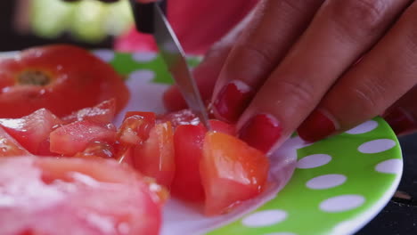 Close-up-slo-mo:-Woman-cuts-tomato-on-plate-for-tasty-salad-salsa