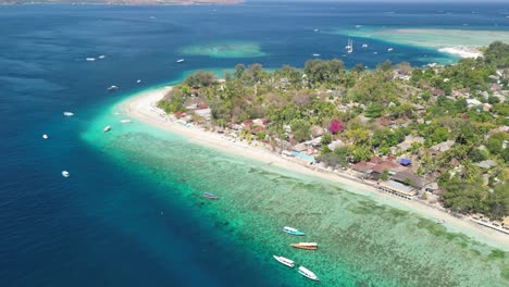 Aerial-of-Gili-Air-Beach-South,-located-on-the-idyllic-island-of-Gili-Air-in-Indonesia,-true-tropical-paradise-that-captures-the-essence-of-serene-island-life